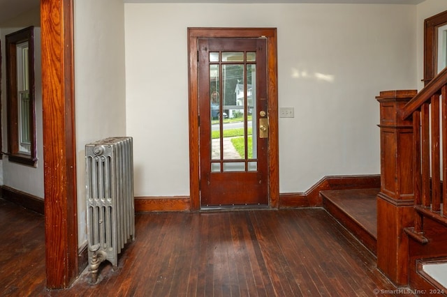 entryway with radiator heating unit and dark wood-type flooring