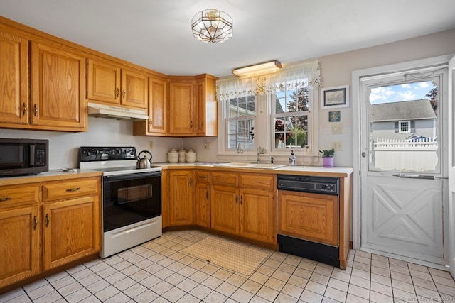 kitchen with paneled dishwasher, plenty of natural light, white electric stove, and sink