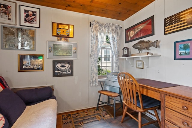 home office with wooden ceiling and dark hardwood / wood-style flooring