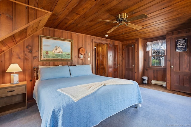 bedroom featuring wooden walls, ceiling fan, baseboard heating, and wooden ceiling