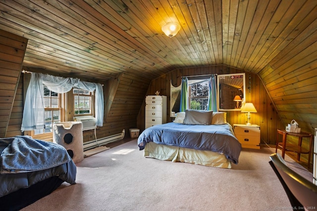 carpeted bedroom with wood walls, baseboard heating, wooden ceiling, and vaulted ceiling