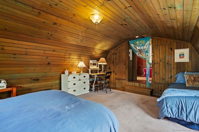 carpeted bedroom with wood ceiling, lofted ceiling, and wooden walls