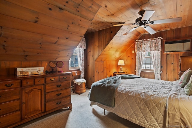 bedroom with a wall unit AC, ceiling fan, light colored carpet, and wooden ceiling