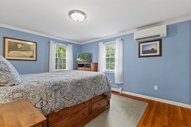 bedroom with multiple windows, dark hardwood / wood-style flooring, a wall mounted air conditioner, and a baseboard radiator