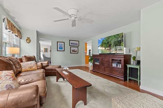 living room with hardwood / wood-style floors and ceiling fan