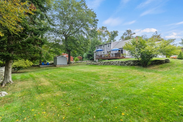 view of yard with a storage shed and a deck