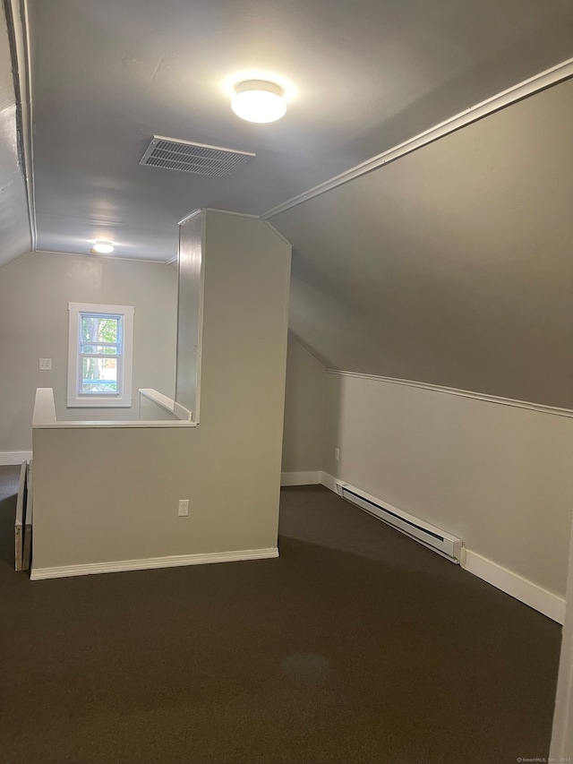 bonus room with baseboard heating, carpet flooring, and lofted ceiling