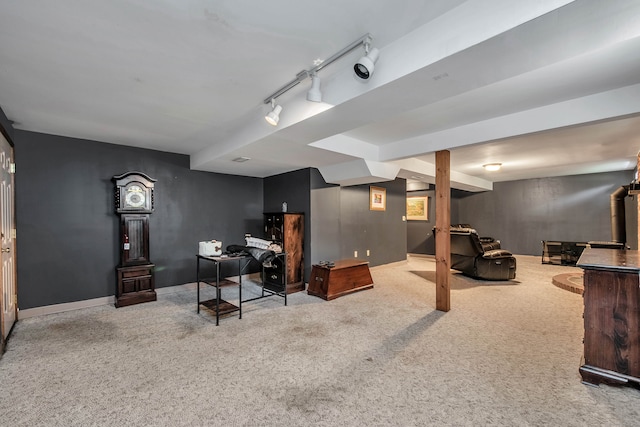 interior space featuring light colored carpet and track lighting