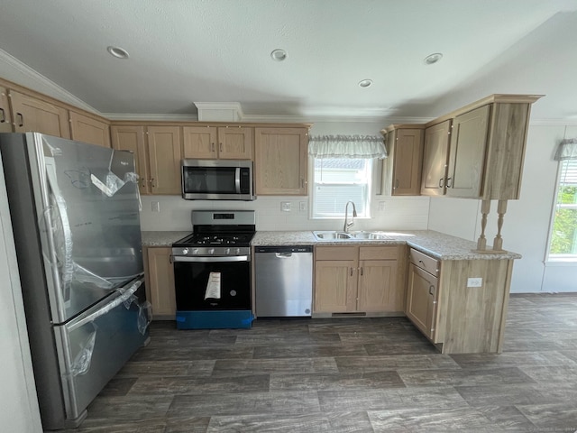 kitchen featuring sink, stainless steel appliances, light stone counters, dark hardwood / wood-style floors, and crown molding