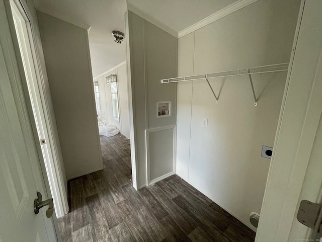 laundry room featuring crown molding, hookup for a washing machine, dark hardwood / wood-style floors, and hookup for an electric dryer