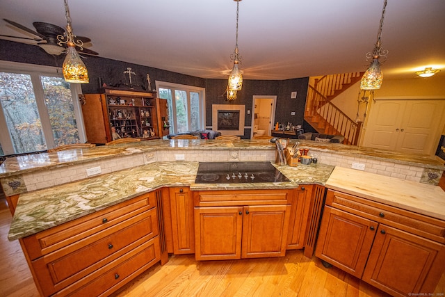 kitchen featuring black electric stovetop, light hardwood / wood-style flooring, decorative light fixtures, and ceiling fan