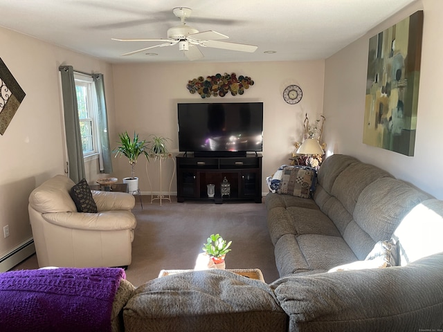 living room featuring dark colored carpet and ceiling fan