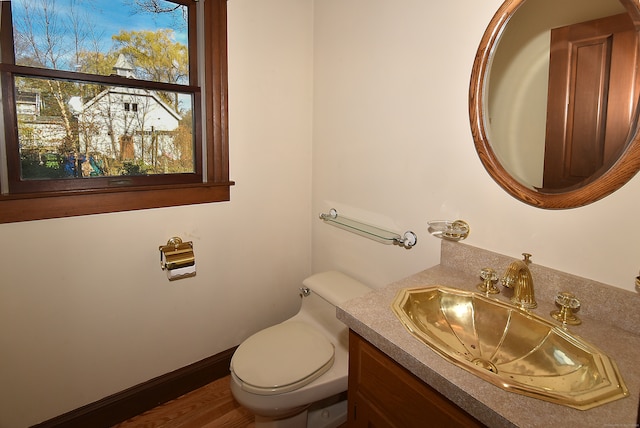 bathroom featuring hardwood / wood-style floors, vanity, and toilet