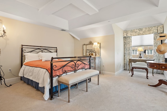 bedroom featuring lofted ceiling with beams and carpet flooring