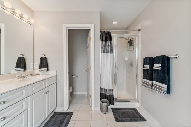 bathroom with tile patterned floors, walk in shower, vanity, and toilet