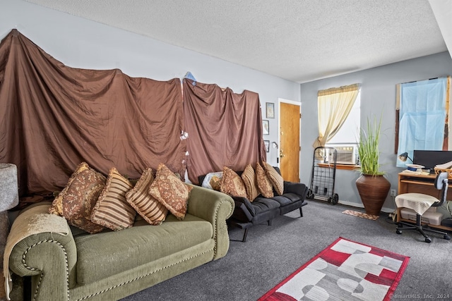 living room with cooling unit, a textured ceiling, and carpet flooring