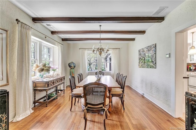 dining room with light hardwood / wood-style flooring, plenty of natural light, and beam ceiling