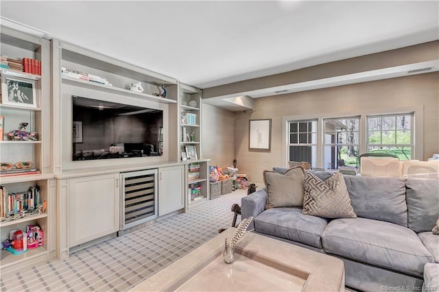 living room featuring wine cooler and light colored carpet