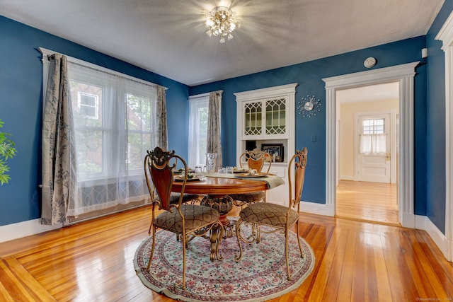 dining space with a textured ceiling, light hardwood / wood-style floors, and a wealth of natural light