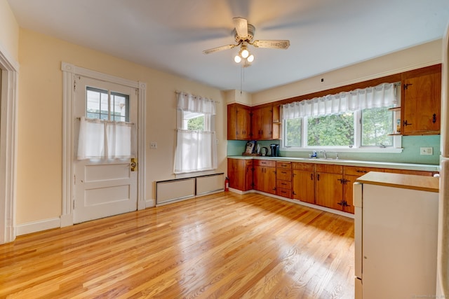 kitchen with ceiling fan, light hardwood / wood-style flooring, sink, and a wealth of natural light