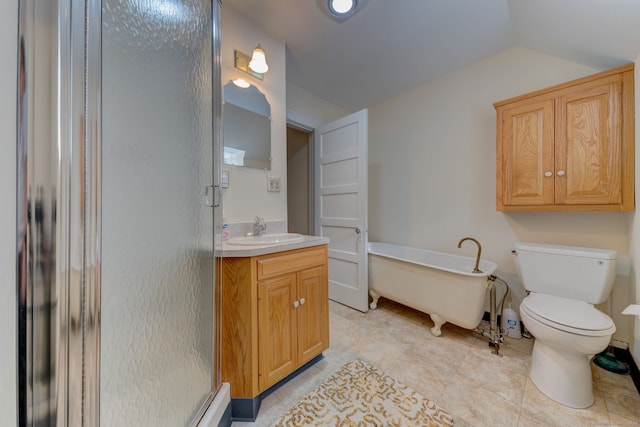 full bathroom with vanity, lofted ceiling, tile patterned flooring, plus walk in shower, and toilet