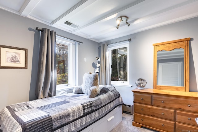 carpeted bedroom featuring beamed ceiling, a baseboard radiator, and multiple windows