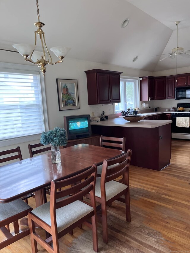 dining room with hardwood / wood-style flooring, ceiling fan with notable chandelier, and vaulted ceiling