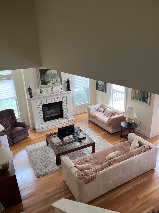 living room with light hardwood / wood-style floors and a fireplace