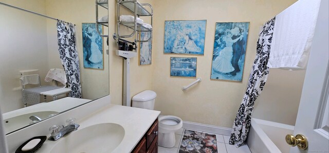 full bathroom featuring shower / bath combination with curtain, vanity, toilet, and tile patterned floors