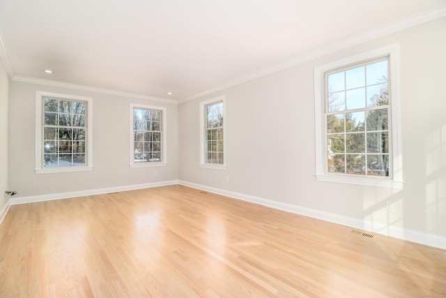 spare room featuring a wealth of natural light, light hardwood / wood-style floors, and ornamental molding