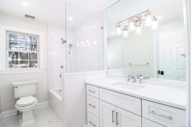 full bathroom featuring shower / washtub combination, vanity, and toilet