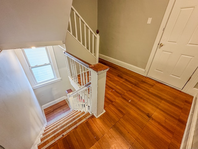 stairs featuring hardwood / wood-style flooring