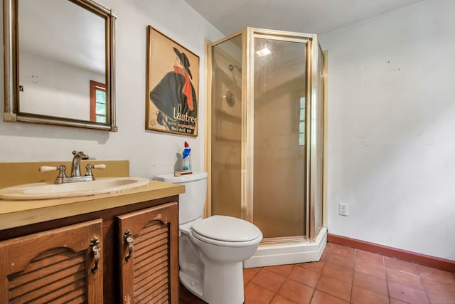 bathroom featuring vanity, toilet, tile patterned flooring, and an enclosed shower