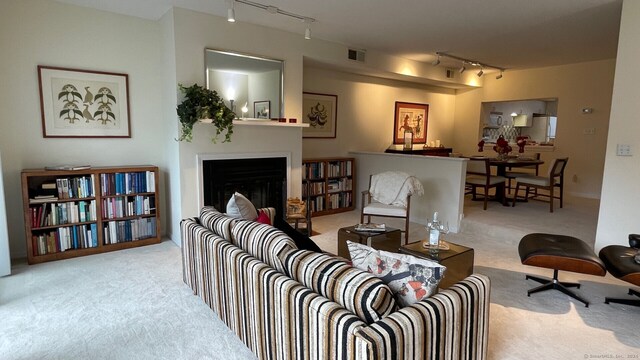 living room with light colored carpet and track lighting