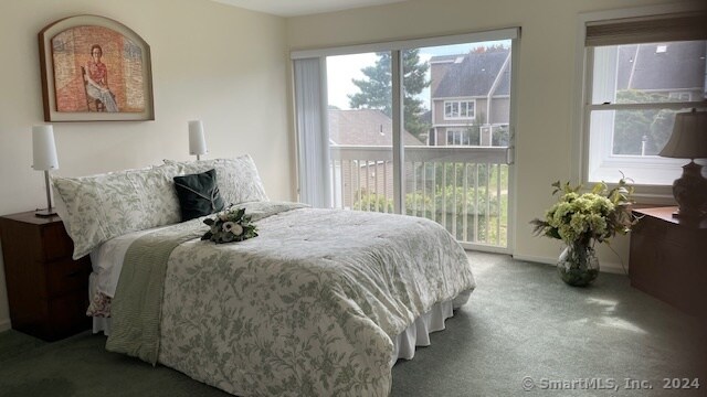 bedroom with access to exterior and carpet flooring