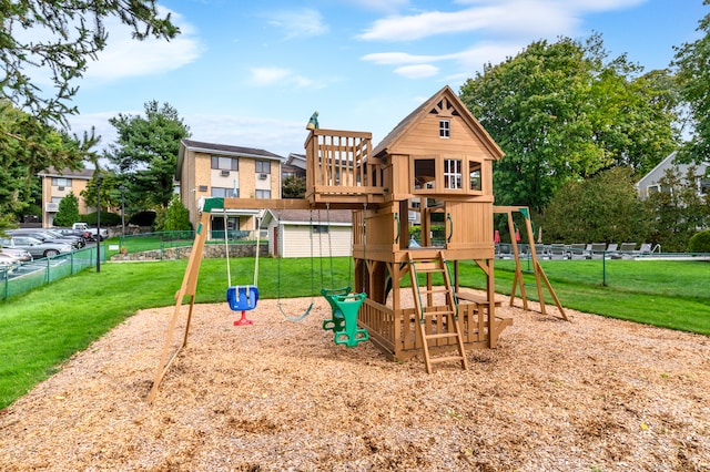 view of play area featuring a lawn