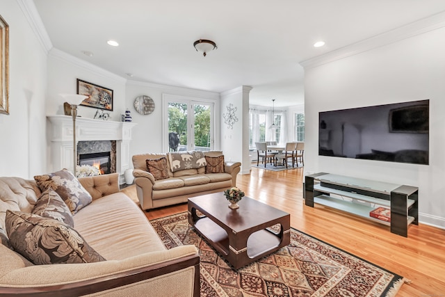 living room featuring ornamental molding, wood-type flooring, and a fireplace