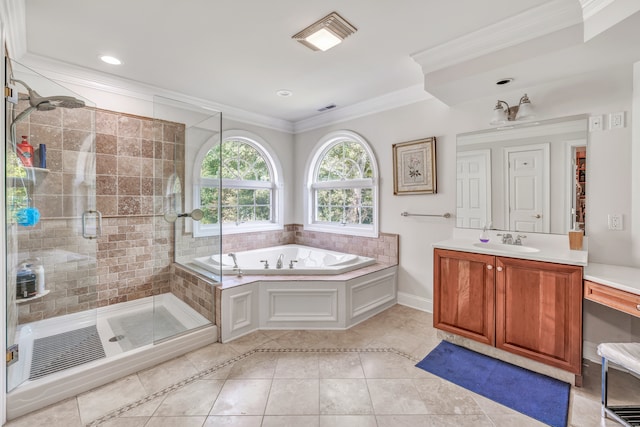 bathroom with ornamental molding, tile patterned floors, vanity, and separate shower and tub