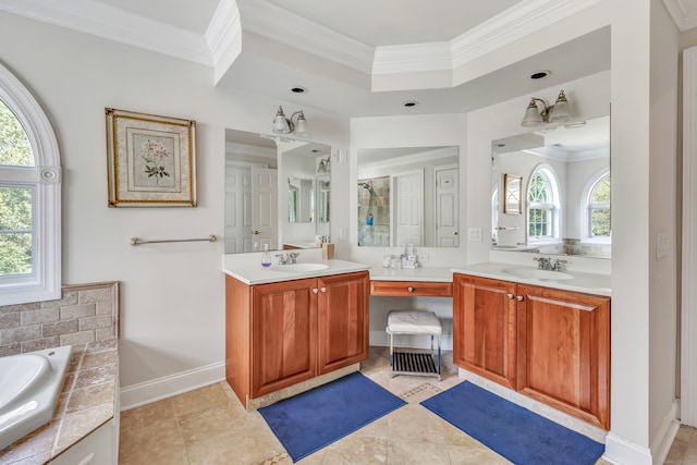 bathroom with ornamental molding, vanity, shower with separate bathtub, and tile patterned floors