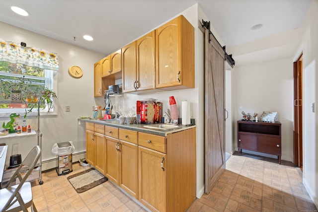 kitchen with a barn door and sink