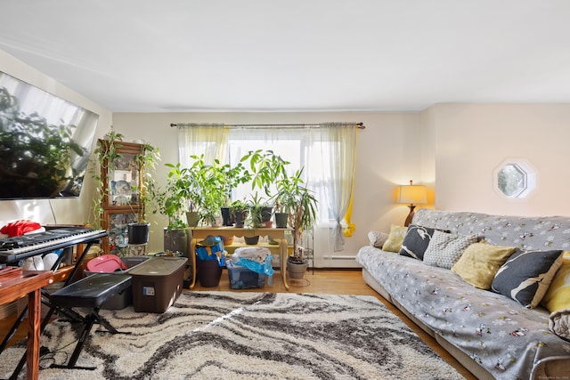 living room with a baseboard heating unit and light hardwood / wood-style flooring