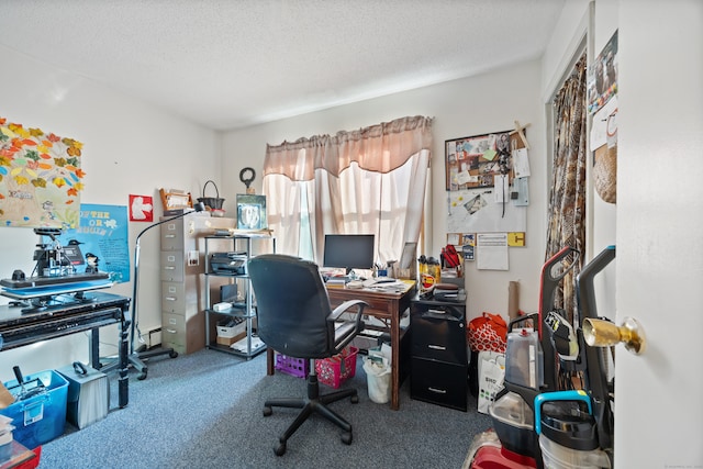 home office with carpet and a textured ceiling