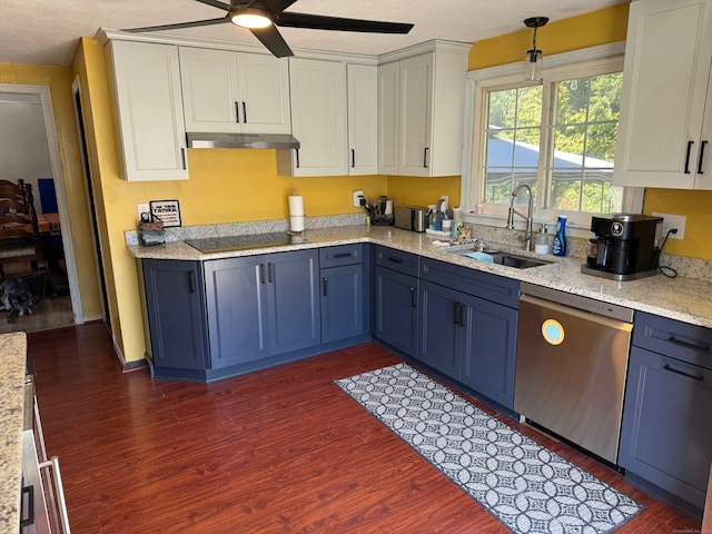 kitchen with hanging light fixtures, sink, stainless steel dishwasher, black electric stovetop, and dark hardwood / wood-style flooring