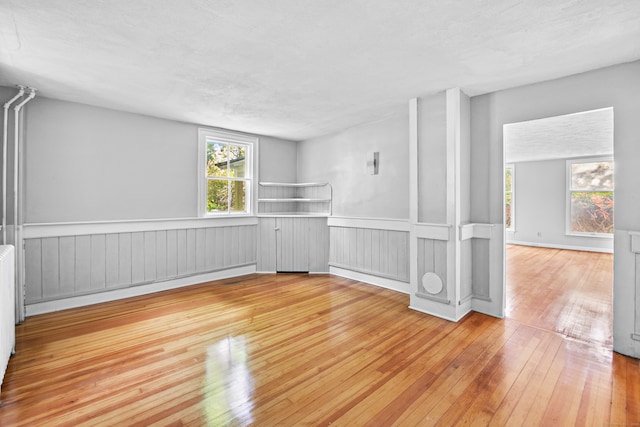 unfurnished room with light hardwood / wood-style floors and a textured ceiling