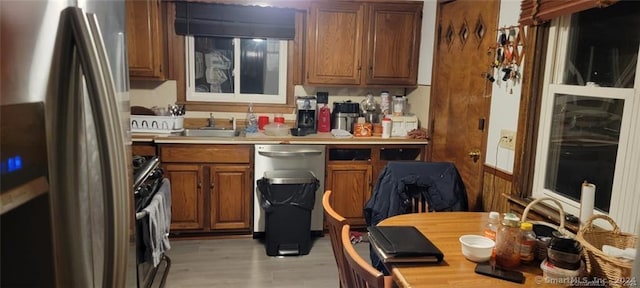 kitchen with light wood-type flooring, appliances with stainless steel finishes, and sink