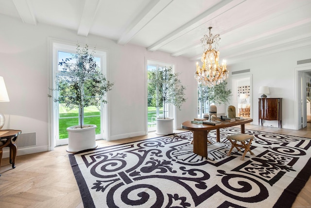 interior space with beamed ceiling, a chandelier, light parquet flooring, and a healthy amount of sunlight