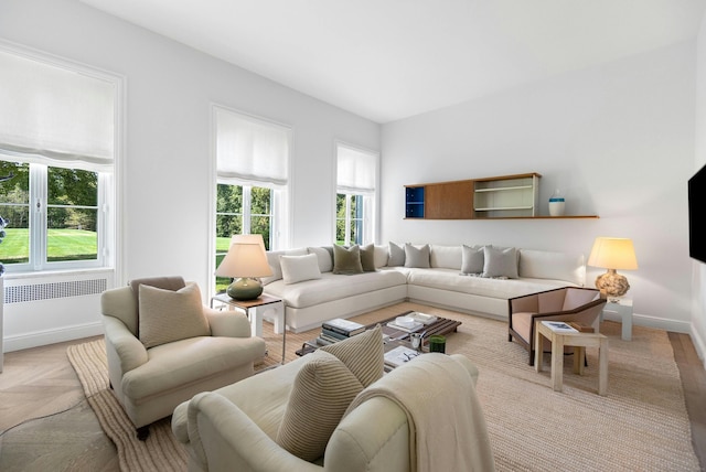 living room with a healthy amount of sunlight and light hardwood / wood-style flooring