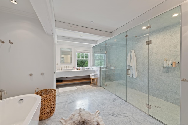 9 Cowdray Park Dr, Greenwich, CT 06831 - full bath featuring vanity, a soaking tub, recessed lighting, crown molding, and a shower stall