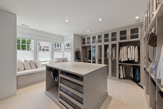 walk in closet featuring light carpet and wine cooler