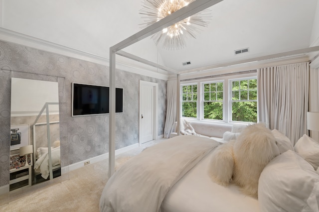 bedroom with a notable chandelier, crown molding, vaulted ceiling, and carpet